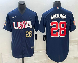 Men%27s USA Baseball #28 Nolan Arenado Number 2023 Navy World Baseball Classic Stitched Jerseys